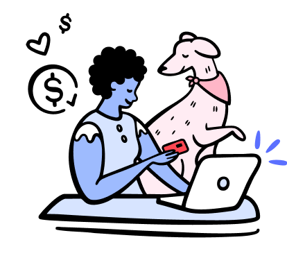 Cartoon woman with a dog on her computer